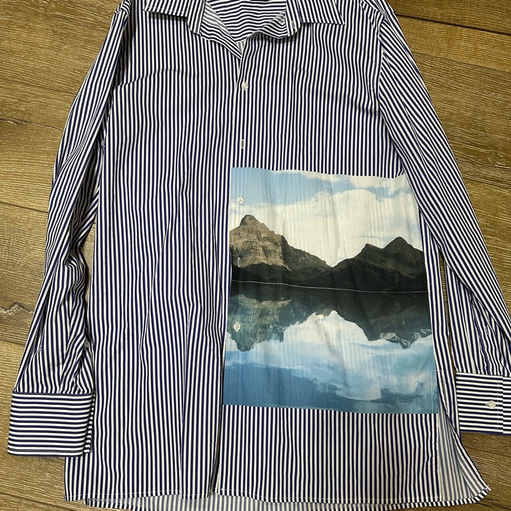 Striped Blue and White Men's Shirt with Mountain Print